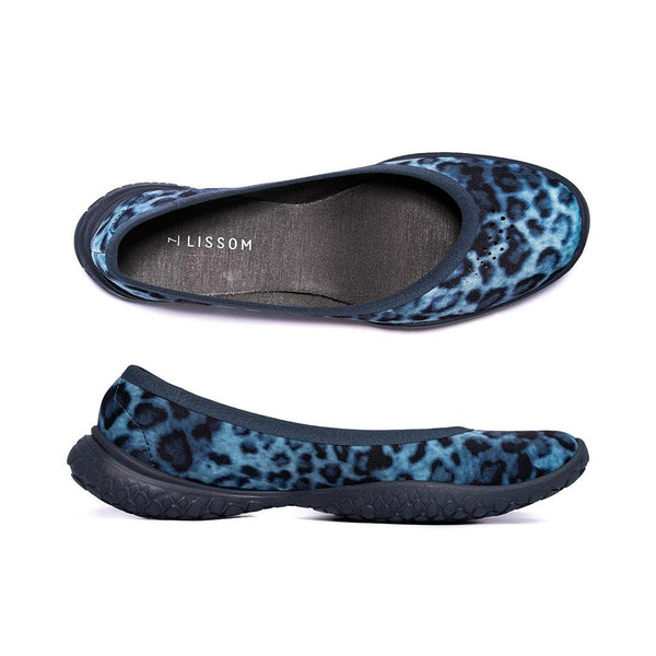 LISSOM Flyte Blue Leopard Print Navy Soles Slip-On Comfort Ballet